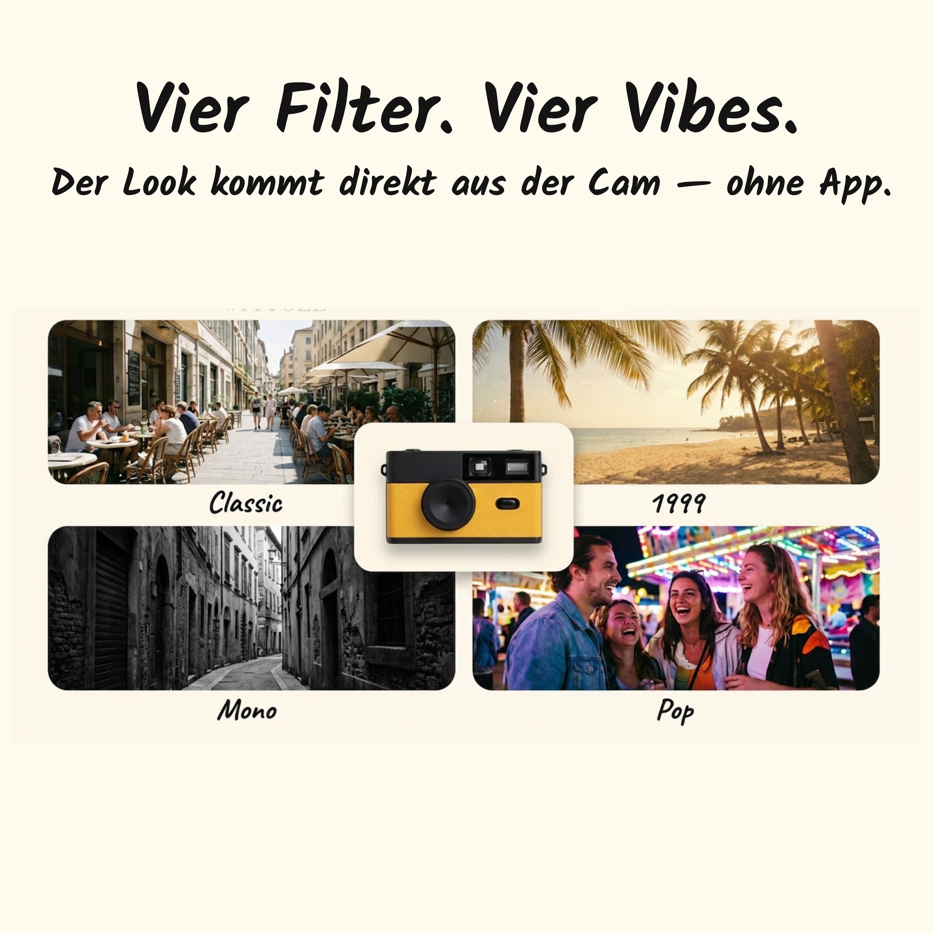 Vier Retro-Filter: Classic, 1999, Mono, Pop